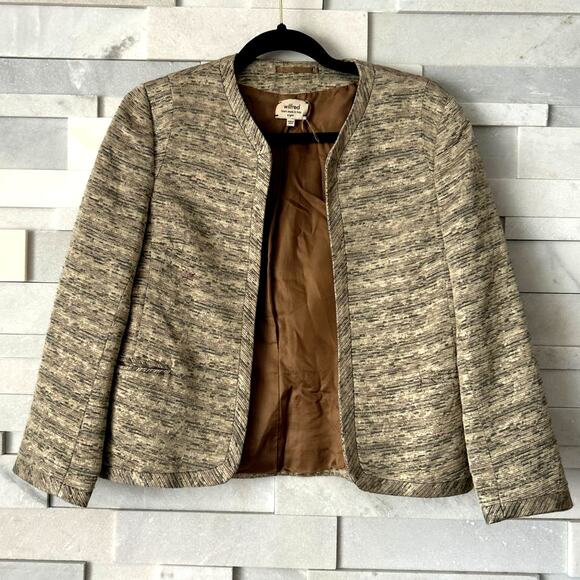 ARITZIA WILFRED Exquis Beige Black Gold Metallic Cropped Cupro Blazer Jacket 8 - Picture 1 of 6